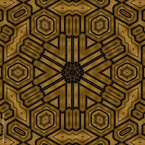 Geometric Gold Colored Digital background Texture with different shiny abstract shapes. Golden Ornament. Kaleidoscope Texture. 