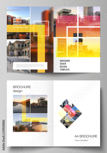 Vector layout of two A4 format modern cover mockups design templates for bifold brochure  magazine  flyer  booklet  annual report. Creative trendy style mockups  blue color trendy design backgrounds.