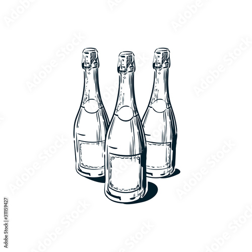 Three glass bottles of sparkling wine with a blank label. Champagne or cider. Festive alcoholic drink, Graphic image for logo, icon or menu. Hand drawn lines sketch, isolated vector
