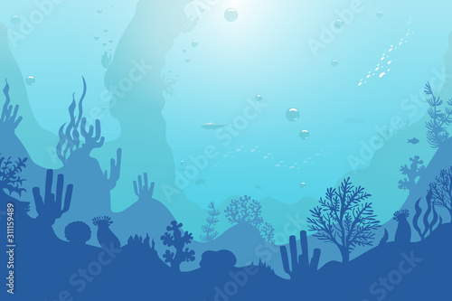 Ocean underwater background with coral reef, plants, fishes and bubbles. Sea, seascape, undersea vector illustration