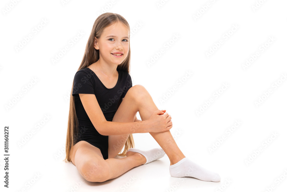 Beautiful girl gymnast in tights do some exercises isolated on white background Beautiful girl gymnast in tights do some exercises isolated on white background