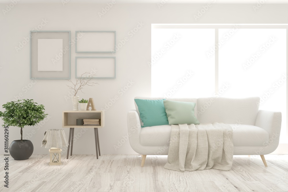 Stylish room in white color with sofa. Scandinavian interior design. 3D illustration Stylish room in white color with sofa. Scandinavian interior design. 3D illustration
