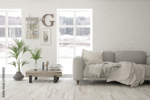 Plakat White room with armchair and winter landscape in window. Scandinavian interior design. 3D illustration