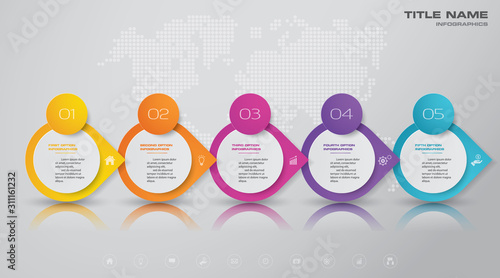 5 steps timeline infographic element. 5 steps infographic, vector banner can be used for workflow layout, diagram,presentation, education or any number option. EPS10.