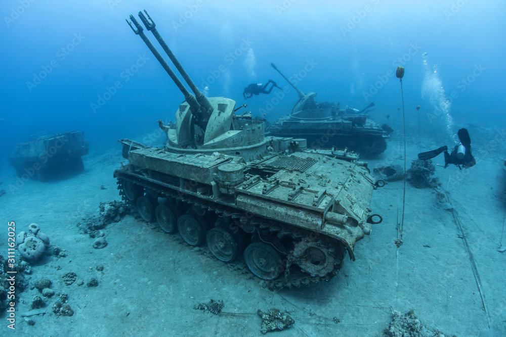 Diving in Jordan in Aqaba, where under water there are armored vehicles