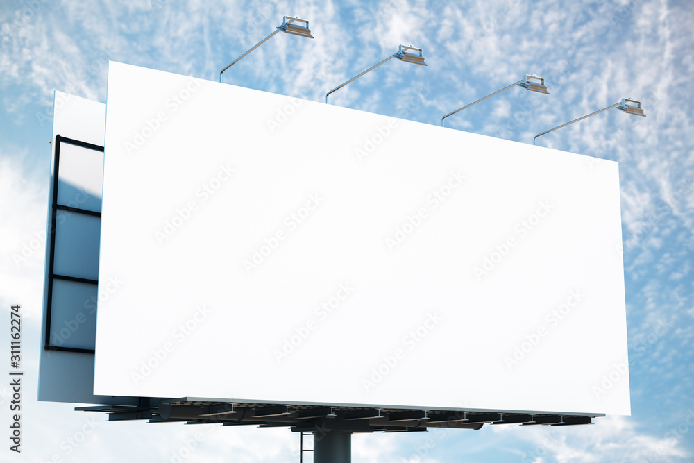 Obraz premium Empty white banner on blue sky background.