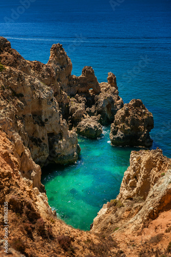 Beautiful view of the Atlantic Ocean from the shore.  Lagos. Portugal