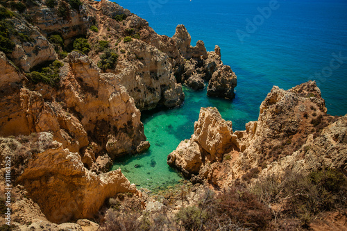 Beautiful view of the Atlantic Ocean from the shore. Lagos. Portugal