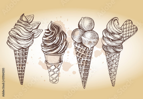 Ink hand drawn set of different types of ice cream. Food elements collection for menu or signboard design. Vector illustration.