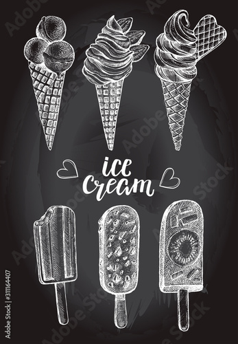 Ink hand drawn set of different types of ice cream. Popsicle on a stick. Food elements collection for menu or signboard design with brush calligraphy style lettering. Vector illustration.