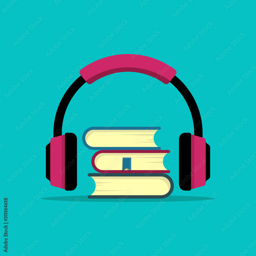 Concept of audio book. Book with headphones. modern design illustration - obrazy, fototapety, plakaty 