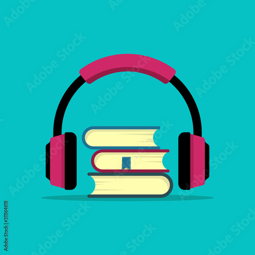 Concept of audio book. Book with headphones. modern design illustration