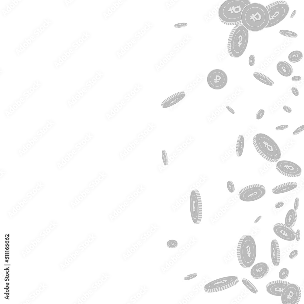 Russian ruble coins falling. Scattered black and w Russian ruble coins falling. Scattered black and w