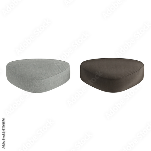 Two triangular tissue soft poufs on a white background. 3d rendering