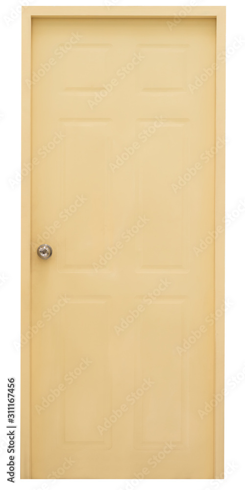 Obraz premium Real yellow wood door isolated on white background, interior residental close wooden doorframe for design