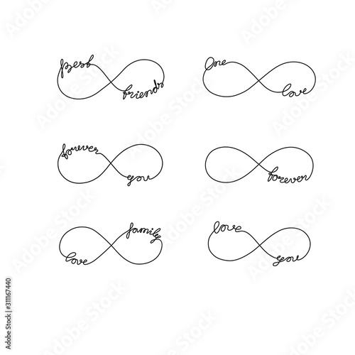 Infinity symbols tattoo set. Hand written calligraphy lettering text for invitation and greeting card, print, t-shirt, emblem or logo design, continuous line drawing, isolated vector illustration.