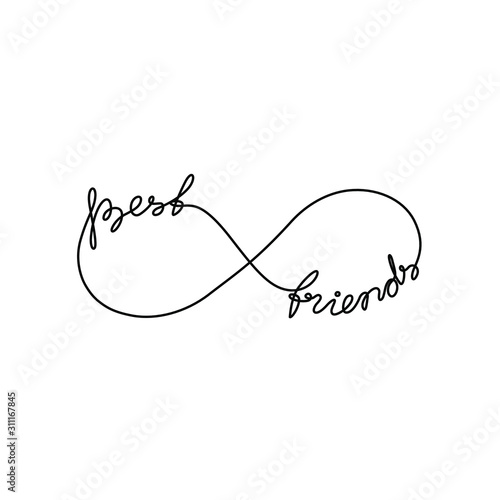 Infinity symbols tattoo, best friends. Hand written calligraphy lettering text for invitation and greeting card, print, t-shirt, emblem or logo design, continuous line drawing, isolated vector. 