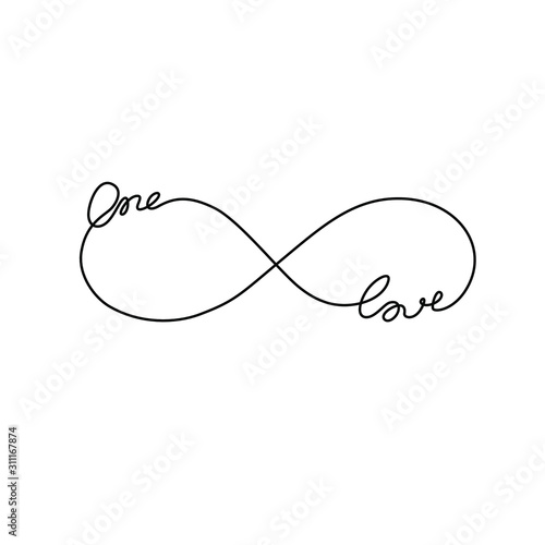 Infinity love symbols tattoo, one love, hand written calligraphy lettering text for invitation and greeting card for Valentines Day, print, t-shirt, emblem or logo design, continuous line drawing.
