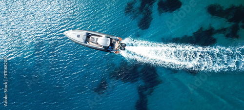 Fotografija Aerial drone ultra wide panoramic photo of high speed inflatable rib boat cruisi