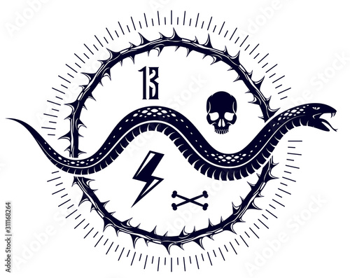Venomous snake vintage tattoo, vector logo or emblem of aggressive predator reptile, deadly poisoned serpent symbol, vintage style illustration.