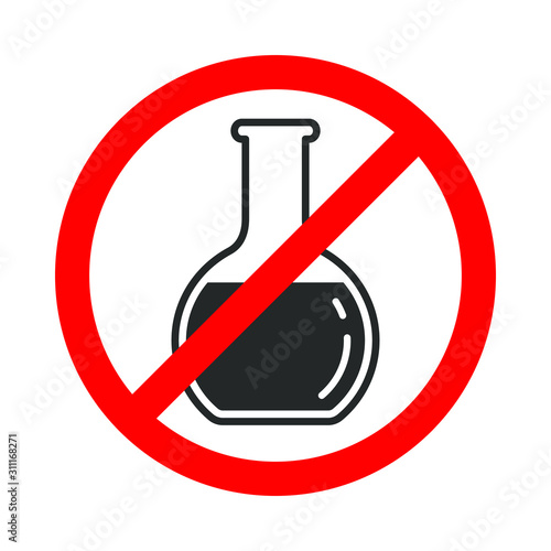 Free of chemical additives graphic icon. Without chemicals sign isolated on white background. Prohibition sign over flask. Vector illustration 