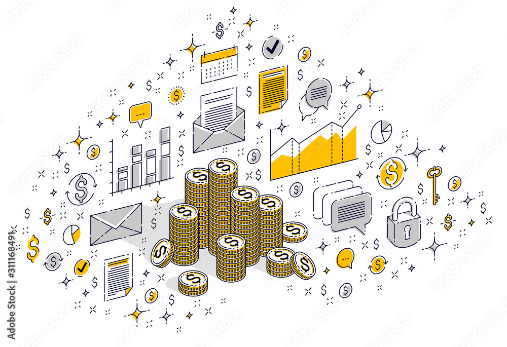 Cash money coin cent stacks isolated on white background. 3d vector business and finance isometric illustration with icons, stats charts and design elements. Cash money coin cent stacks isolated on white background. 3d vector business and finance isometric illustration with icons, stats charts and design elements.