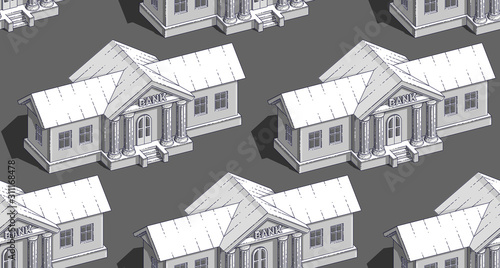 Bank buildings seamless background, backdrop for financial business or banking website or economical theme ads and information, credits and savings, vector wallpaper or web site background.