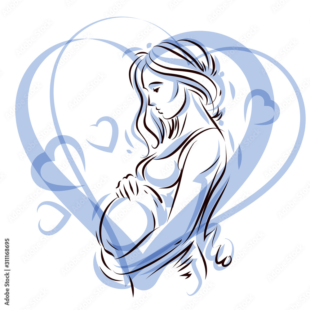 Pregnant female surrounded by heart shape frame hand drawn vector illustration, beautiful lady gently touching her belly. Love and tenderness concept. Pregnant female surrounded by heart shape frame hand drawn vector illustration, beautiful lady gently touching her belly. Love and tenderness concept.