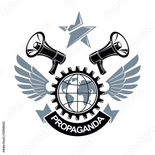 Advertising leaflet composed with loudspeakers and Earth globe surrounded by engineering cog wheel. Proletarian revolution abstract vector illustration. Power of global information.