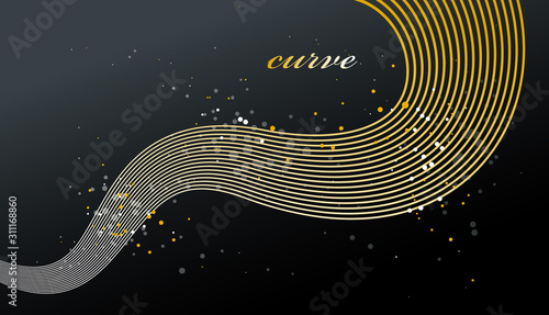 Elegant golden lines vector dimensional abstract background, 3D dynamic gold curve stripes in motion beautiful design element, luxury theme template for ads.