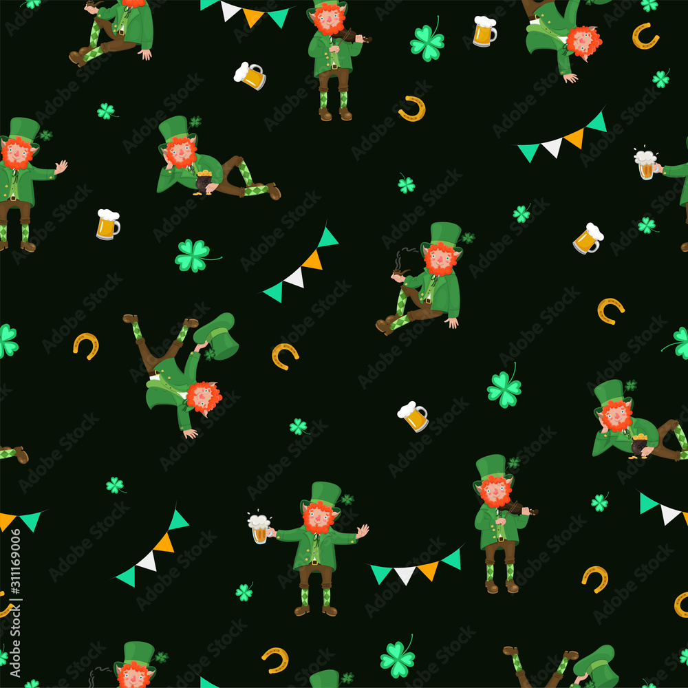 Fototapeta premium Seamless pattern with leprechauns.To St. Patrick s Day. Vector graphics.