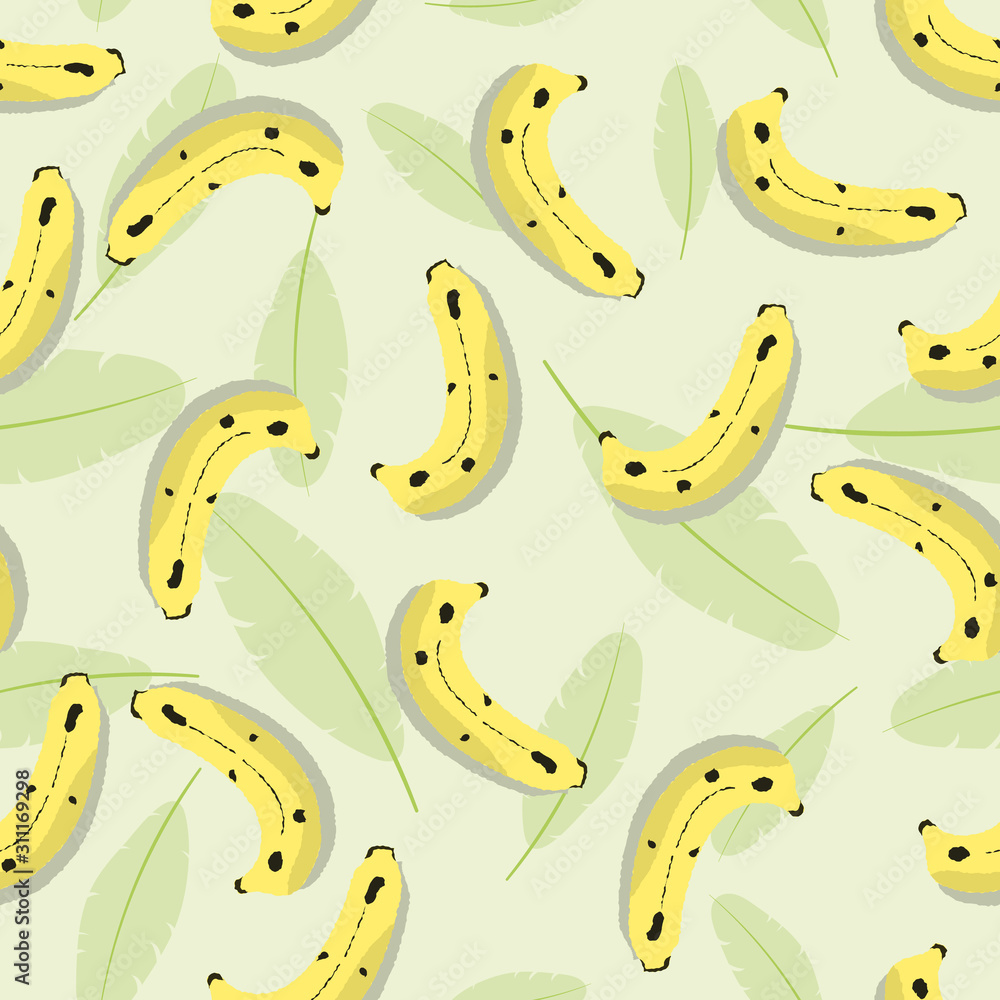 Seamless banana and leaf pattern. Fruit and foliage vector illustration background.