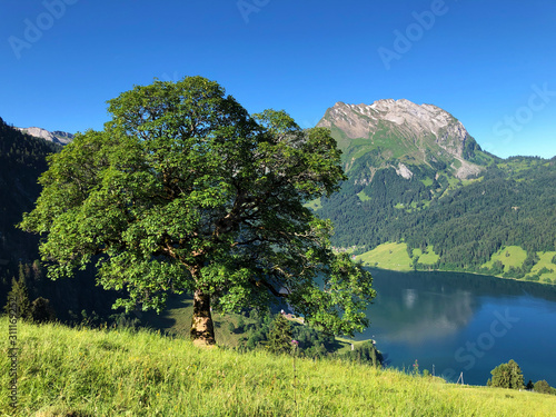 Beautiful view of mountain peaks Turner and Diethelm of over the alpine lake Wagitalersee (Waegitalersee), Innerthal - Canton of Schwyz, Switzerland photo