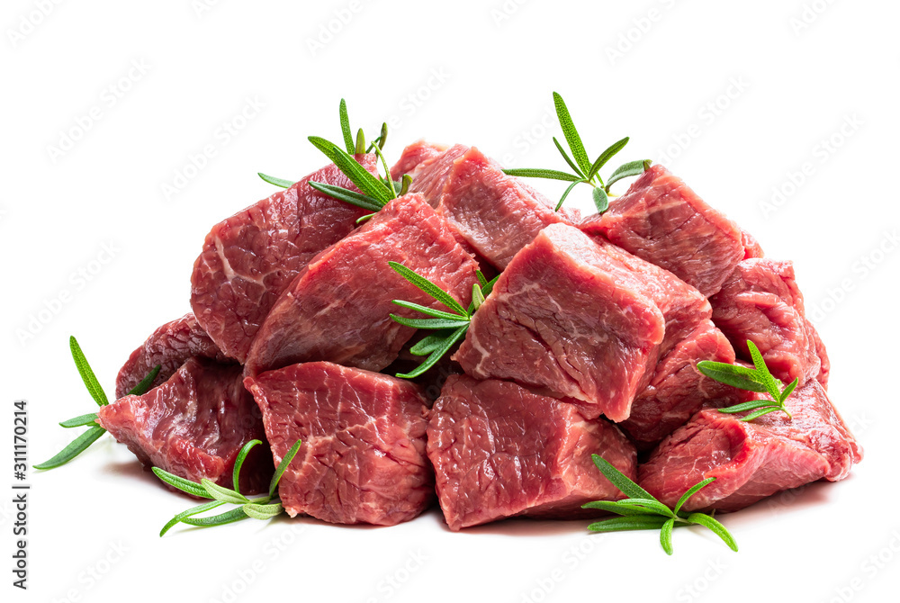 Sliced raw beef with rosemary herb isolated on white