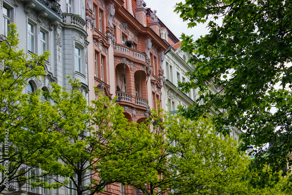 Facade of typical colorful czech houses with trees at the foreground in Prague, Czech Republic