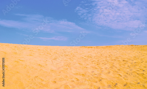 Beautiful flat desert landscape. Lots of sand and blue sky.