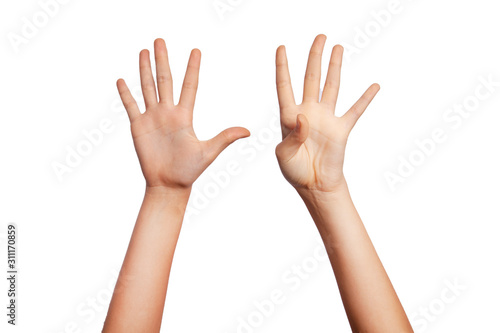 woman on white background is pointing to the number nine