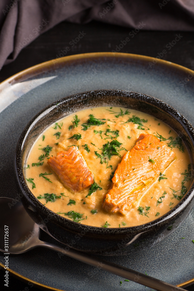Salmon creame soupe in bowl Salmon creame soupe in bowl