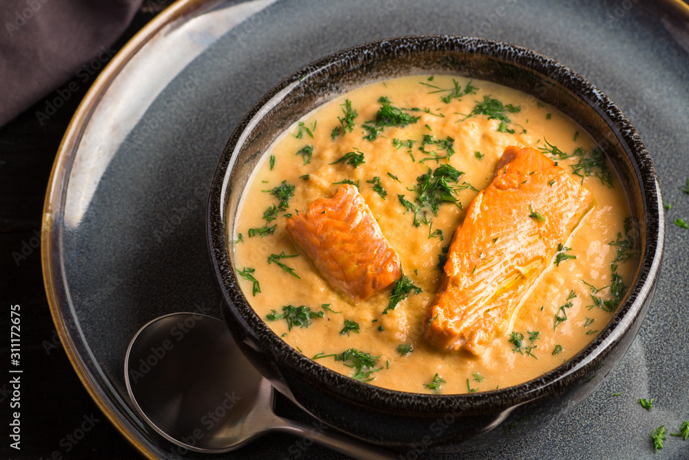 Salmon creame soupe in bowl Salmon creame soupe in bowl