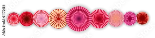 Red round fans on a white background. Paper festive geometric shapes for the holiday. Beautiful asian border and background for design