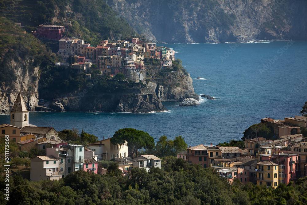 Corniglia (front)  and Manarola (back) are two small towns in the Cinque Terre, Italy