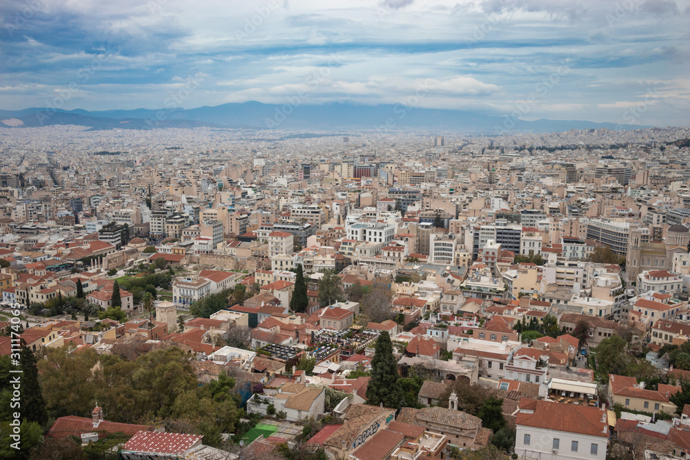 Aerial city view in Athens, Greece with beautiful sky