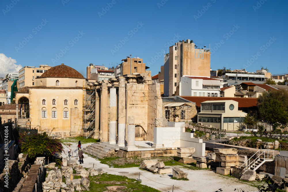 roman agora buildings in Athens, Greece on a sunny day