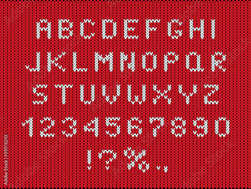 Christmas season font flat vector illustration. Knitwear stylized letters and numbers set. Winter alphabet with numerals and symbols. Decorative white typography on red knit fabric texture.