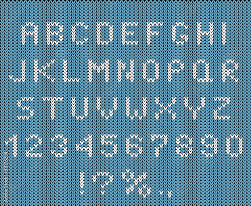Christmas font flat vector illustration. Knitwear stylized alphabet and numbers set. Winter season ABC, capital letters with numerals and symbols. Decorative typography on knit fabric texture.