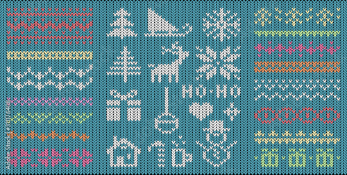 Knitted Christmas symbols and patterns flat vector illustrations set