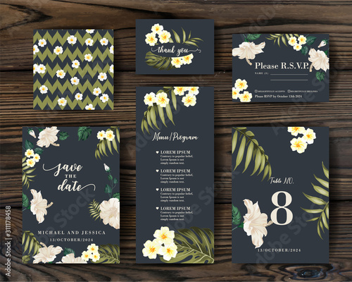 Bridal ornament concept. Vector decorative greeting card, invitation design background. RSVP card with plumeria elements. Set of Floral templates with garden blooming flowers.