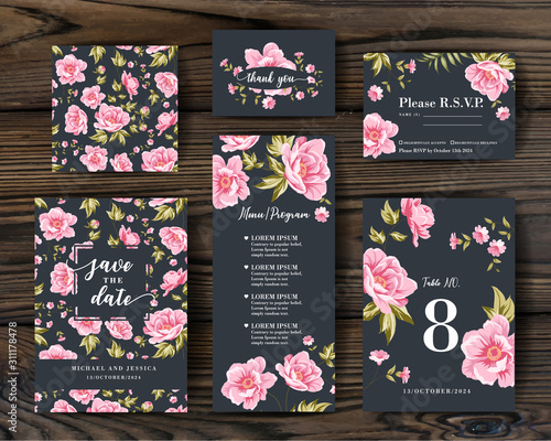 Bundle of Save The Date and RSVP Invitation Card. Invitation card with Peony background. Set of Floral vertical template with garden blooming flowers.