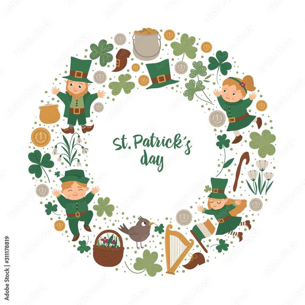 Vector Saint Patrick’s Day round frame with leprechaun, shamrock isolated on white background. Irish holiday themed banner or invitation framed in circle. Cute funny spring card template.. Vector Saint Patrick’s Day round frame with leprechaun, shamrock isolated on white background. Irish holiday themed banner or invitation framed in circle. Cute funny spring card template..