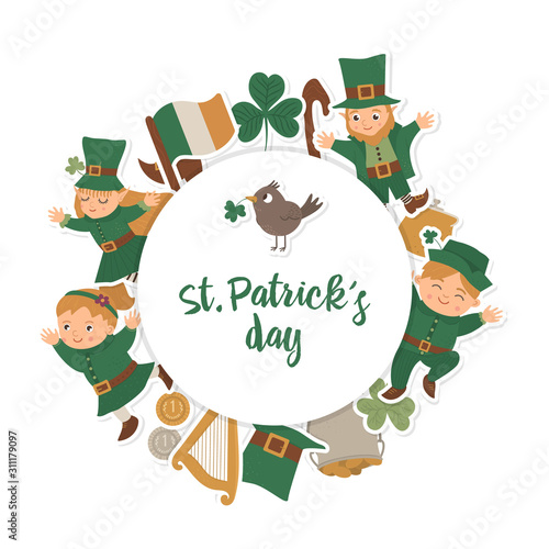 Fototapeta Naklejka Na Ścianę i Meble -  Vector Saint Patrick’s Day round frame with leprechaun, shamrock stickers isolated on white background. Irish holiday themed banner or invitation framed in circle. Cute funny spring card template..